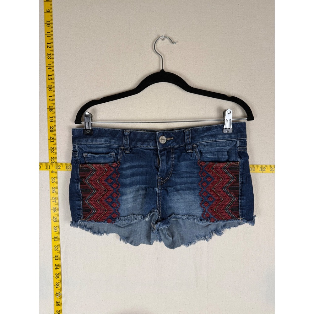 Express Denim Boho Embroidered Shorts Women 6 Y2K Jean Frayed Hem Indie Festival